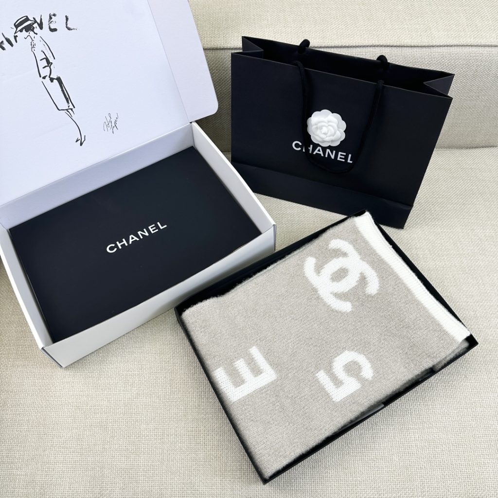 Chanel Quilted Letter Scarf Gray and White