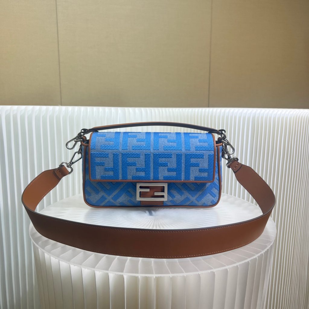 Fendi New Denim Embroidered Baguette Bag