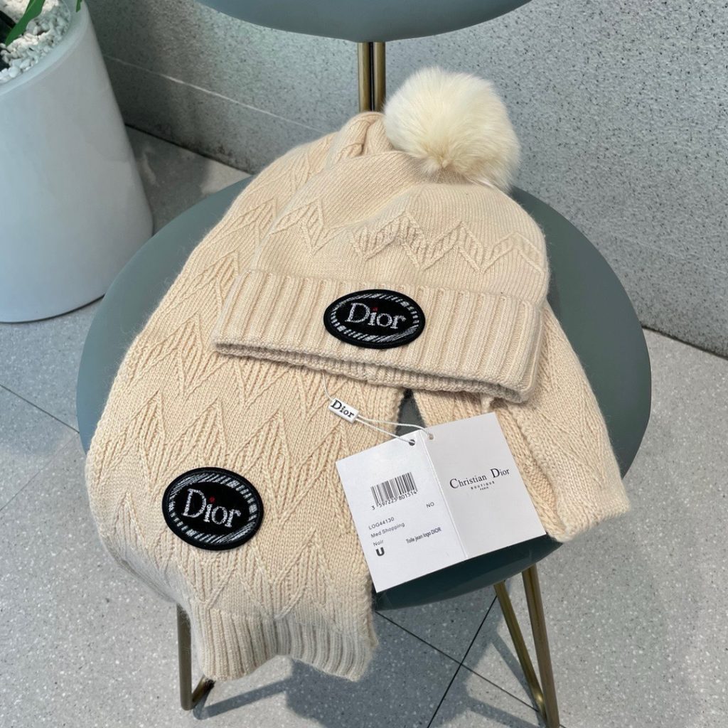 Dior Wool Knit Hat & Scarf Set with Fox Fur Pom-Pom