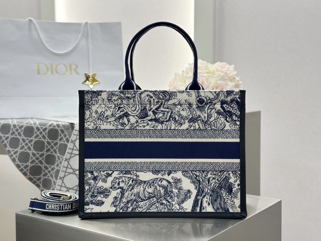 Dior Book Tote Blue and White Tiger New Style Medium Size