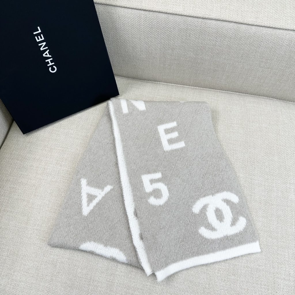 Chanel Quilted Letter Scarf Gray and White