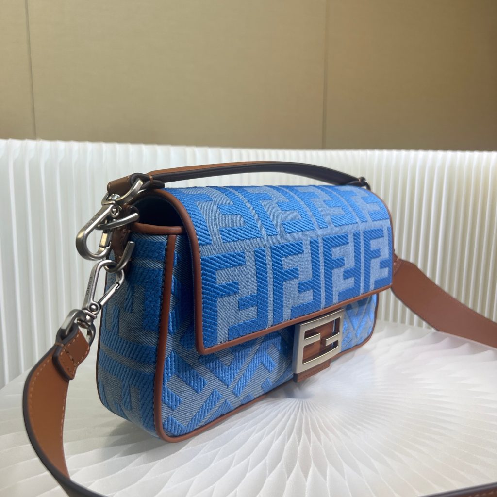 Fendi New Denim Embroidered Baguette Bag