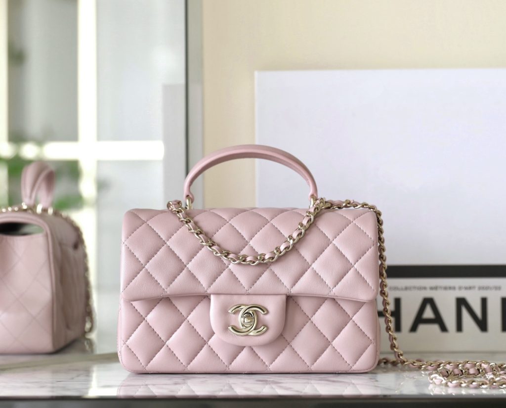 CHANEL Top Handle Flap Bag CF Lambskin Large Mini Tote in Pink