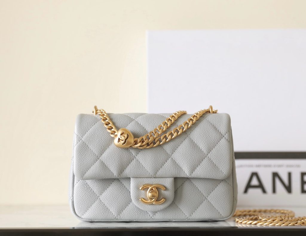 CHANEL Heart Clasp Flap Bag in Light Gray, Small Size