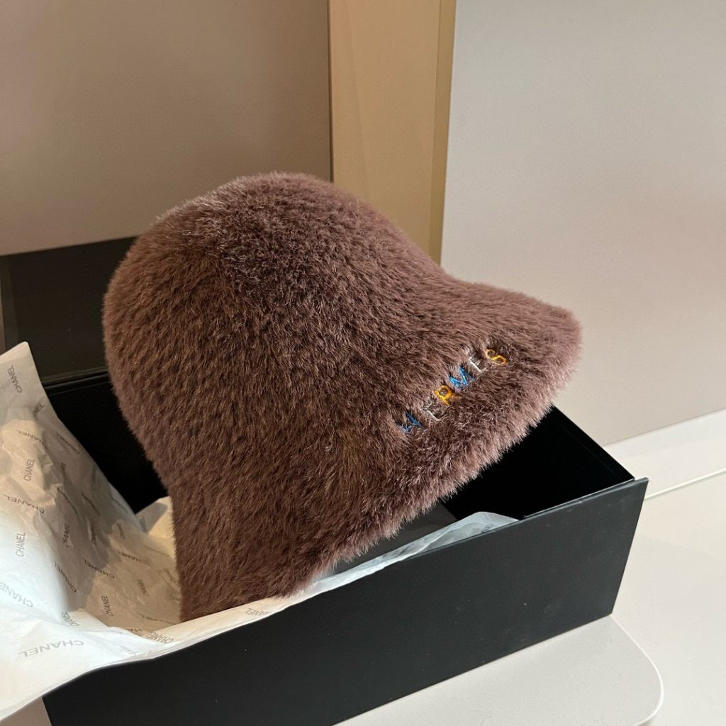 Hermès New Rabbit Fur Fisherman Hat, Warm Fuzzy Round-Top Design, 57cm Head Circumference