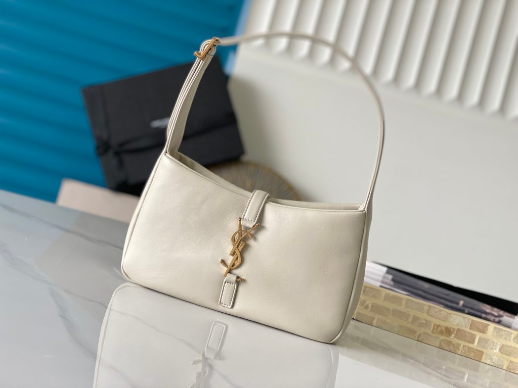 Saint Laurent Le 5 à 7 Shoulder Bag in White Lambskin with Gold Hardware