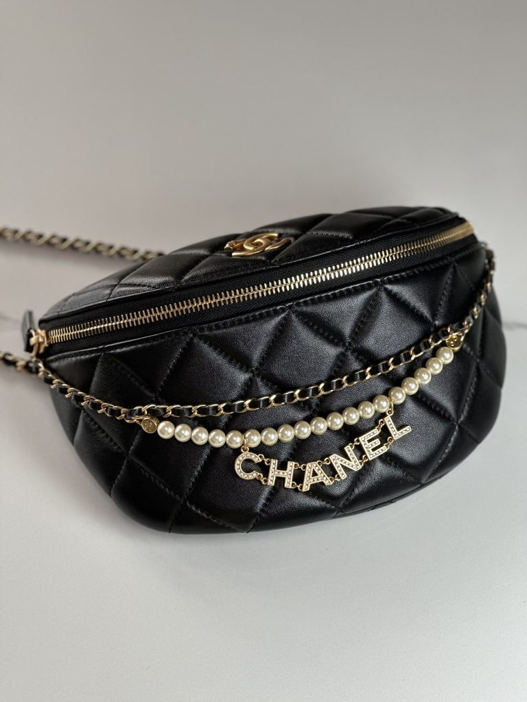 Chanel 24A Pearl Chain Belt Bag Black