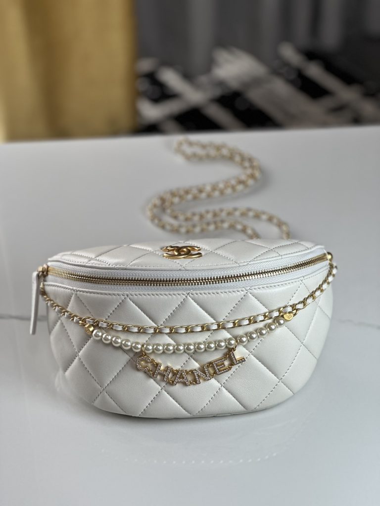 Chanel 24A Pearl Chain Belt Bag White