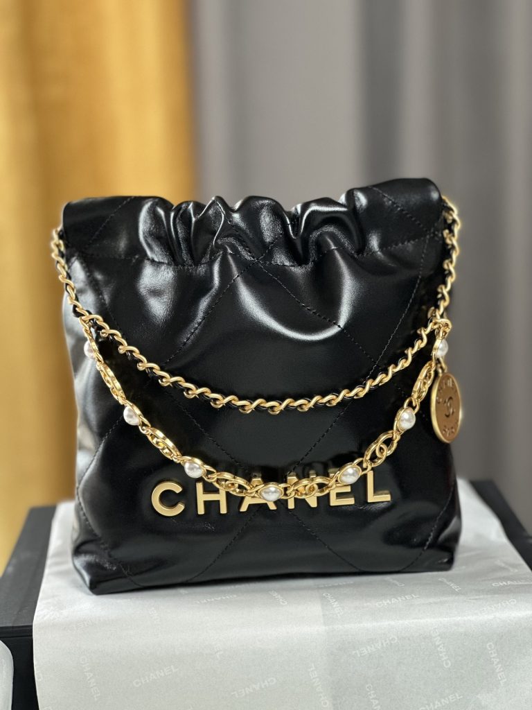 Chanel 22 Mini Bag 24A New Color Black & Gold / Pearl Inlay Double C Chain