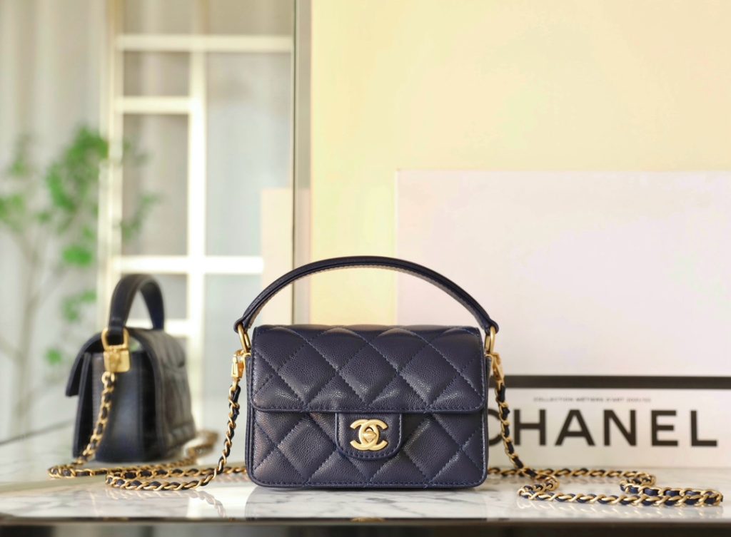 Chanel Top Handle Flap Bag in Navy Blue Mini