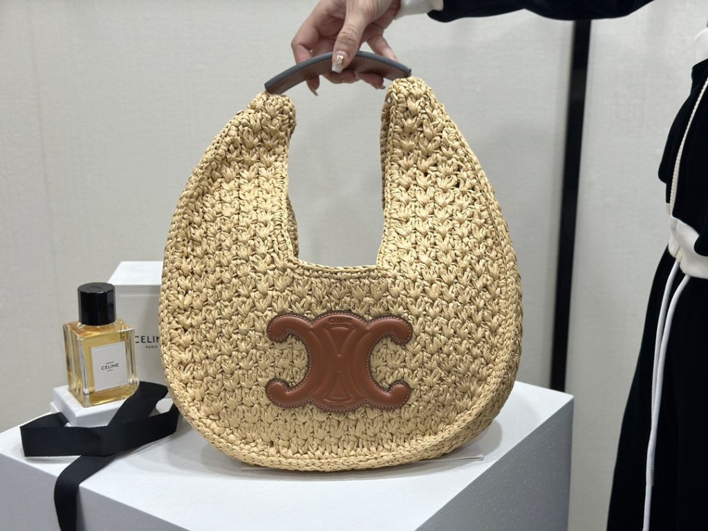 CELINE CLASSIC PANIER Plant Fiber and Calfskin Hobo Bag