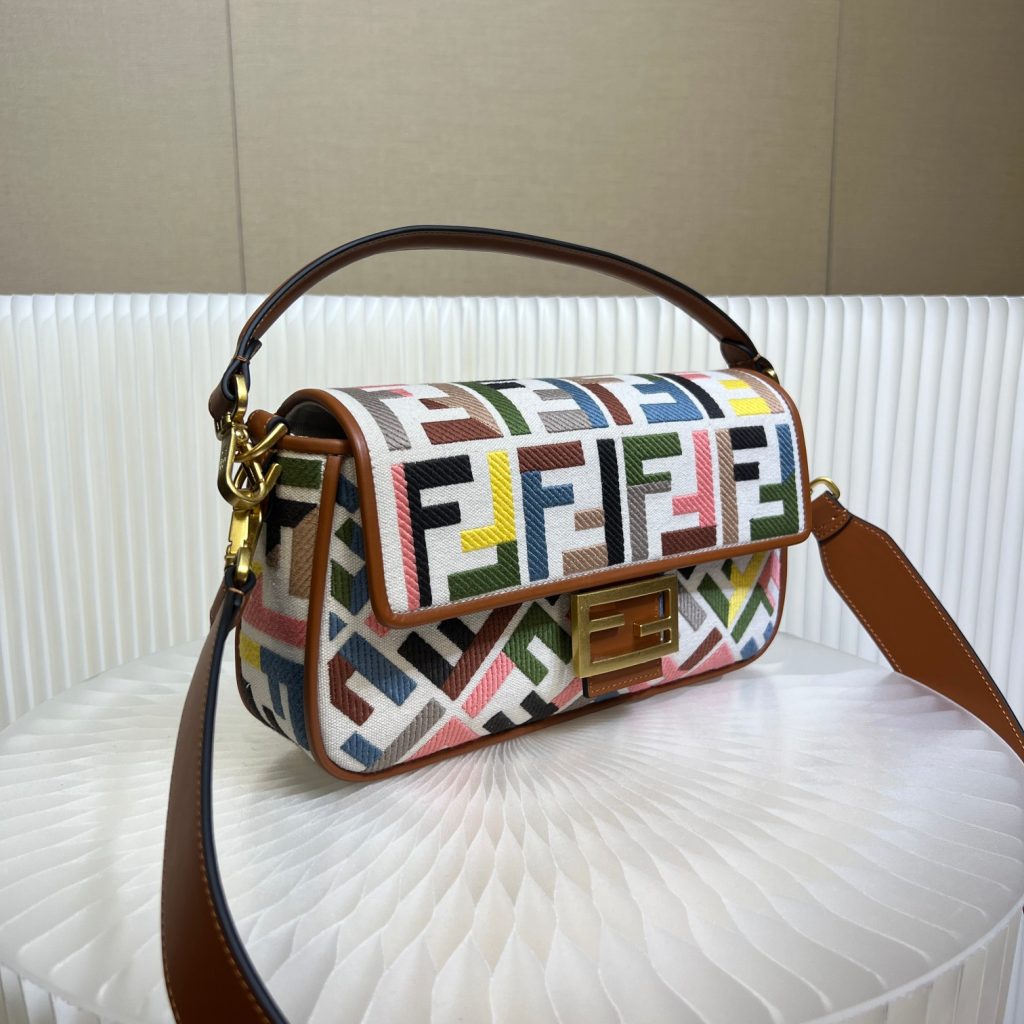 Fendi medium Baguette handbag in yellow with colorful embroidery