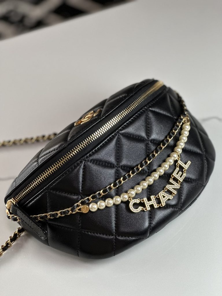 Chanel 24A Pearl Chain Belt Bag Black