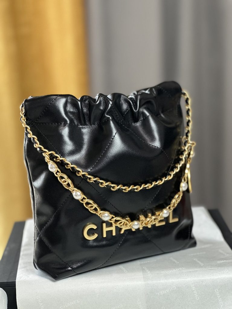 Chanel 22 Mini Bag 24A New Color Black & Gold / Pearl Inlay Double C Chain