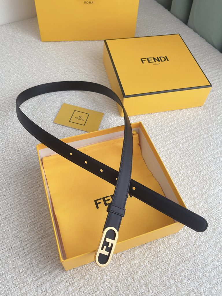 Fendi Women’s 2.0cm Leather Belt with Signature Logo Metal Buckle