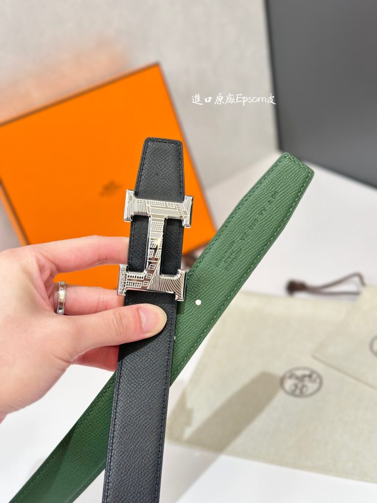 Hermès New Women’s Belt with Palladium-Plated Metal Buckle, Double-Sided Swift & Epsom Calf Leather Strap