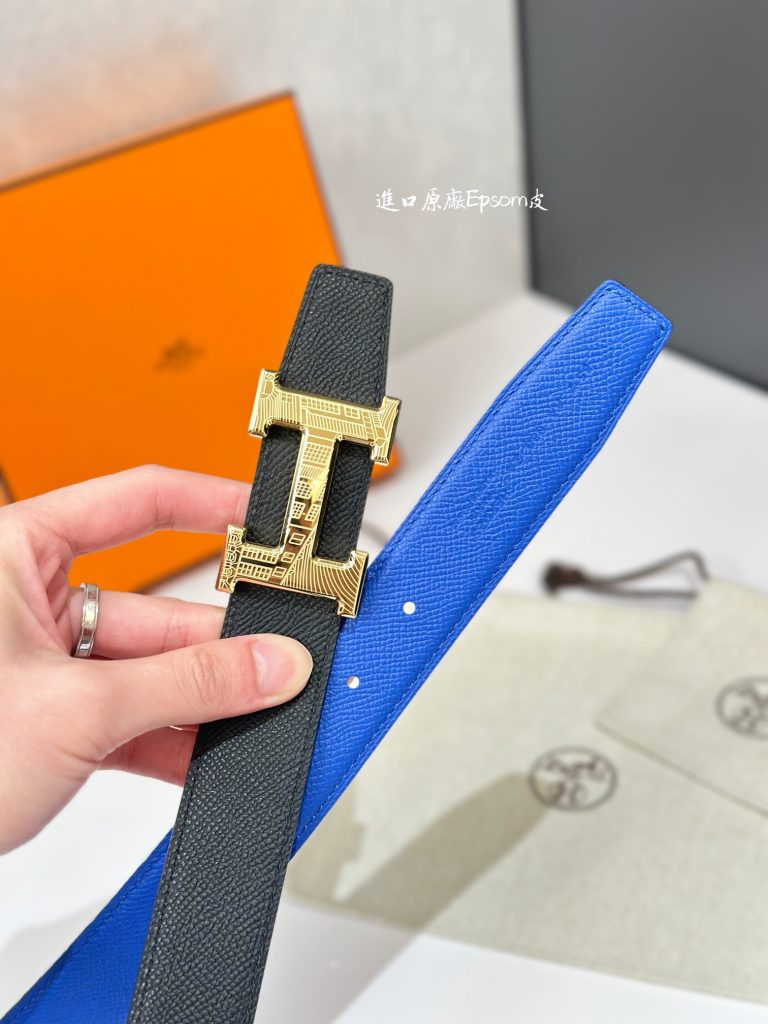 Hermès New Women’s Belt with Palladium-Plated Metal Buckle, Double-Sided Swift & Epsom Calf Leather Strap