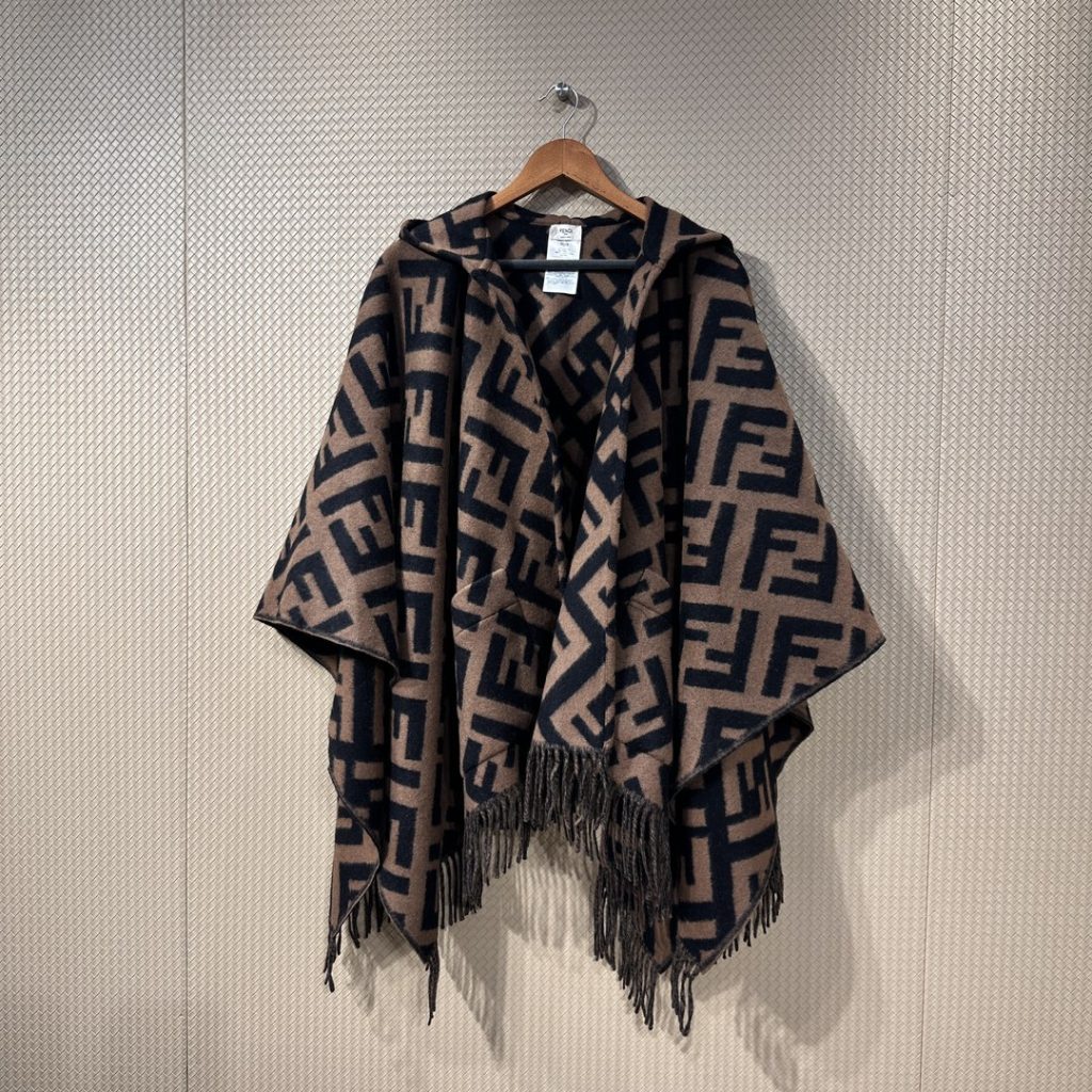 Fendi Hooded cape, 140*140cm, 100% cashmere, brown and black.